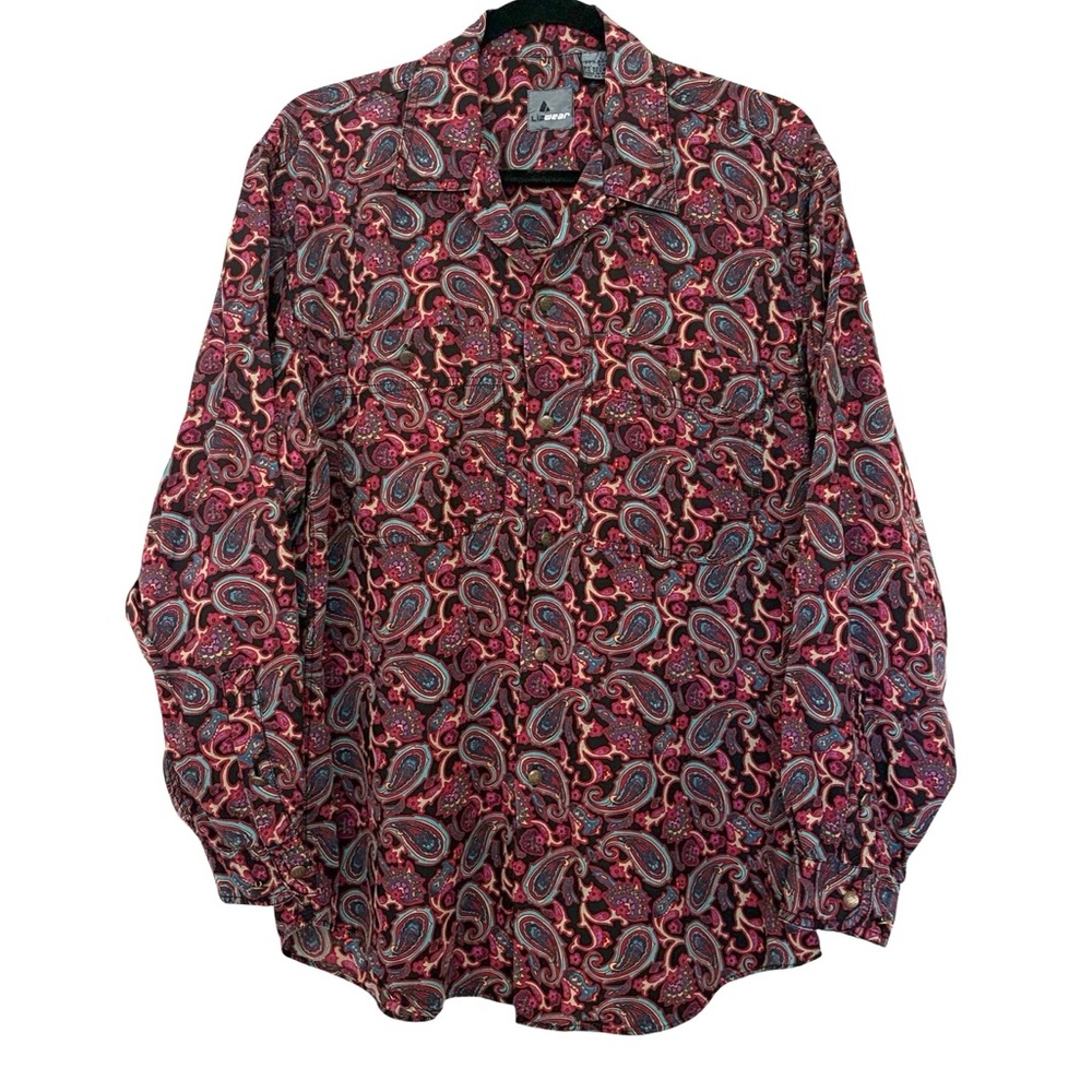 Lizwear 100% Rayon Vintage paisley print Button Collared Long Sleeve Blouse, L